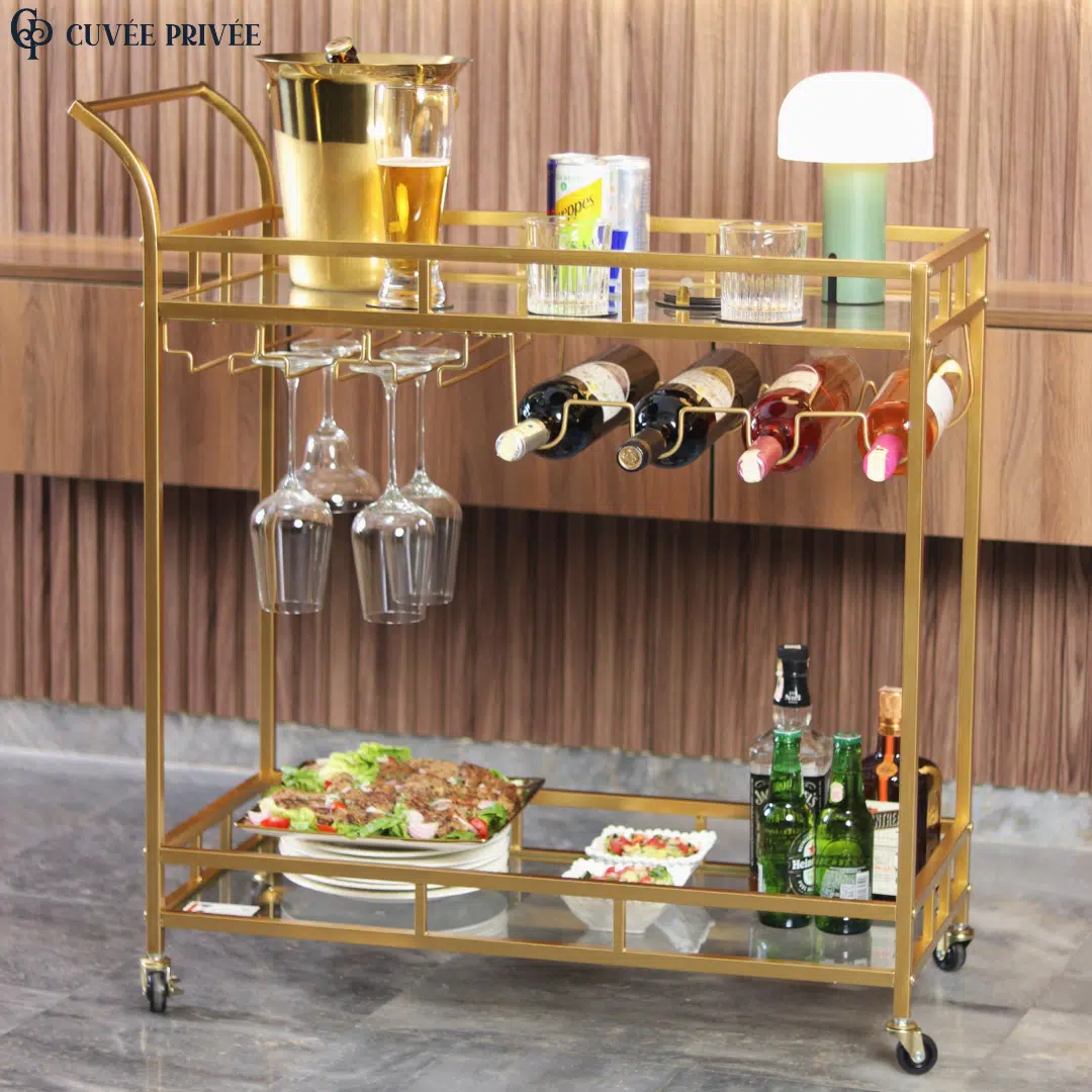 Chariot Bar Doré avec Porte-Bouteilles & Porte-Verres Chariot