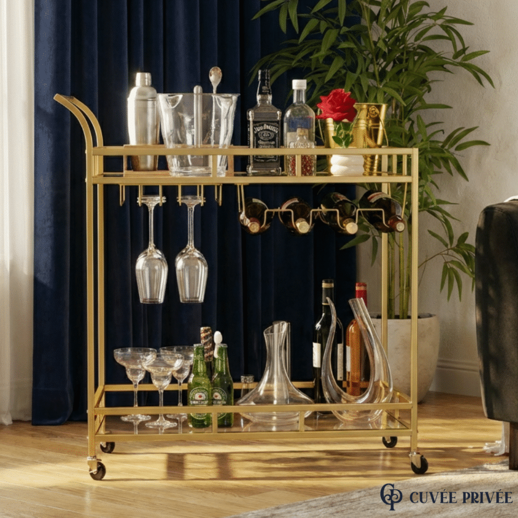 Chariot Bar Doré avec Porte-Bouteilles & Porte-Verres