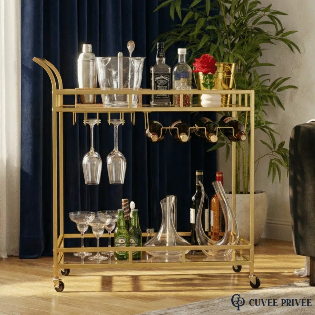Chariot Bar Doré avec Porte-Bouteilles & Porte-Verres