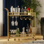 Chariot Bar Doré avec Porte-Bouteilles & Porte-Verres