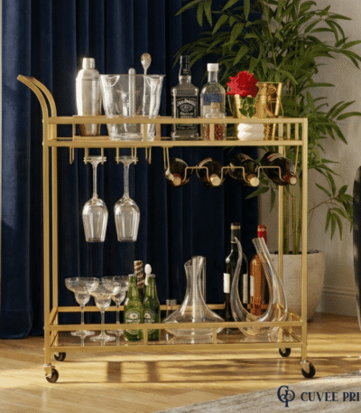 Chariot Bar Doré avec Porte-Bouteilles & Porte-Verres