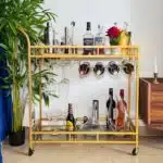 Chariot Bar Doré avec Porte-Bouteilles & Porte-Verres